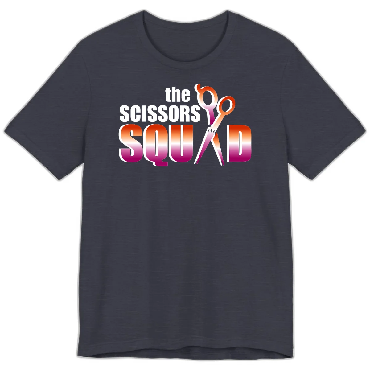 Scissors Squad design featuring gradient red to magenta scissors with bold white text, perfect for hairstylist and beauty professional apparel in Heather Midnight Navy