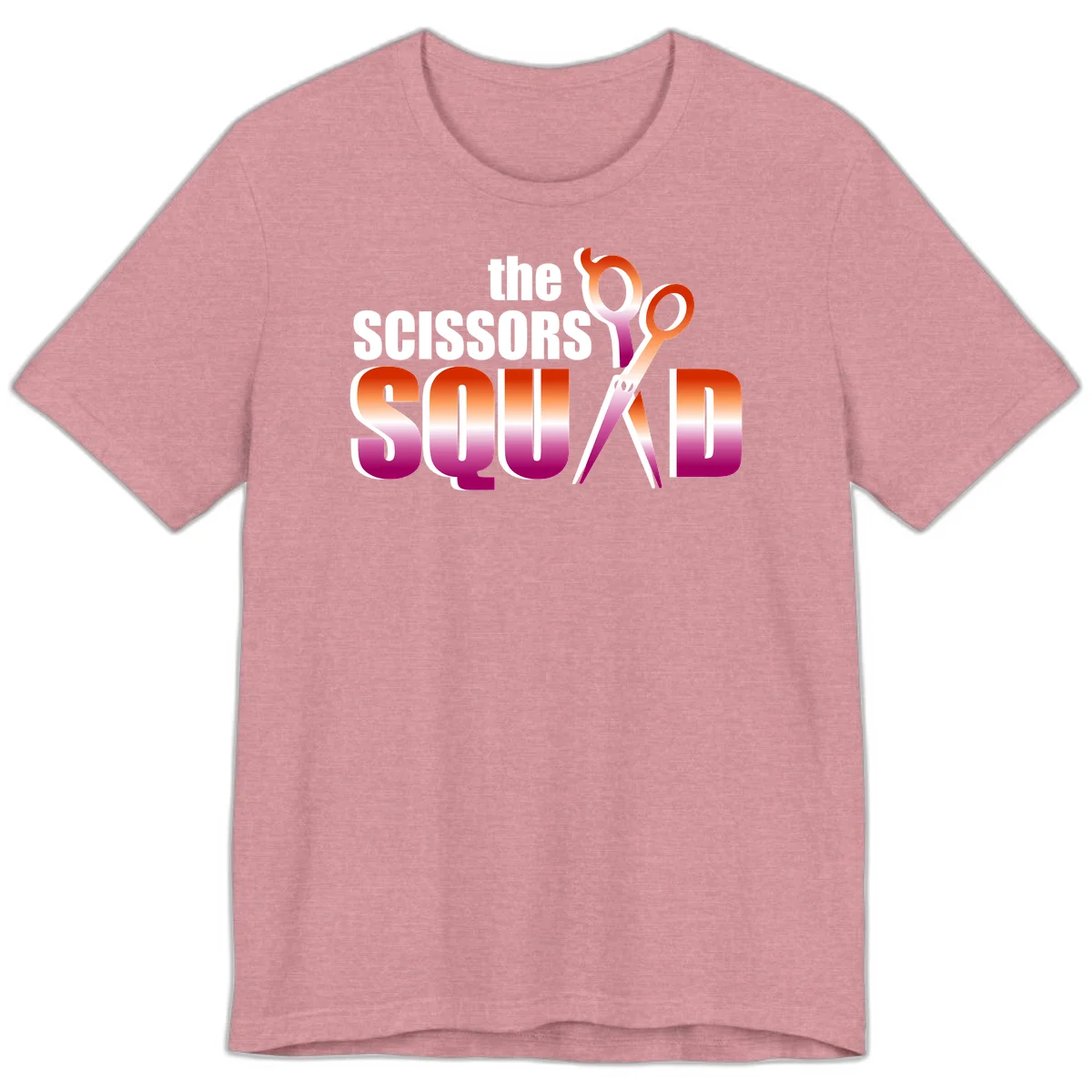 Scissors Squad design featuring gradient red to magenta scissors with bold white text, perfect for hairstylist and beauty professional apparel in Heather Orchid