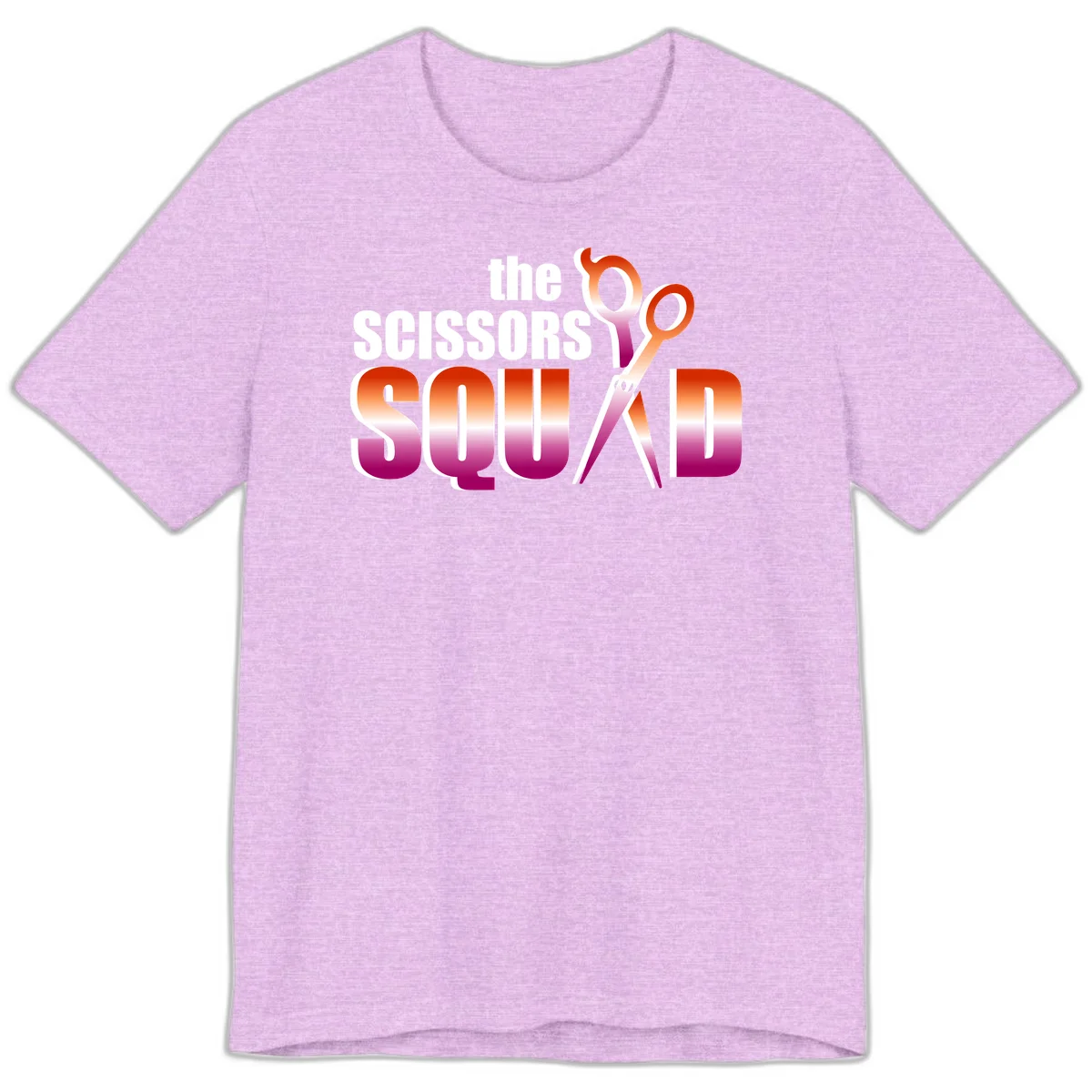 Scissors Squad design featuring gradient red to magenta scissors with bold white text, perfect for hairstylist and beauty professional apparel in Heather Prism Lilac