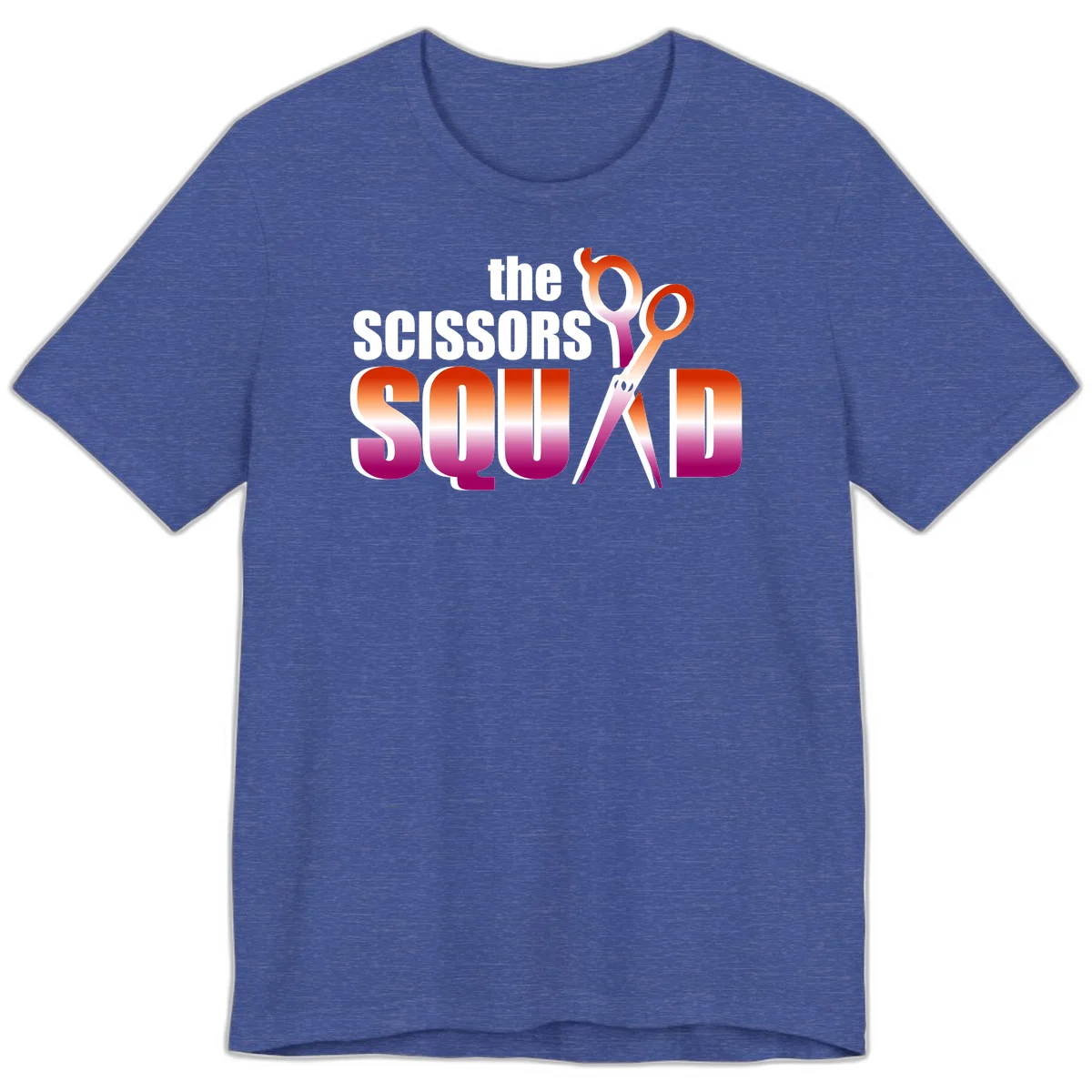 Scissors Squad design featuring gradient red to magenta scissors with bold white text, perfect for hairstylist and beauty professional apparel in Heather True Royal