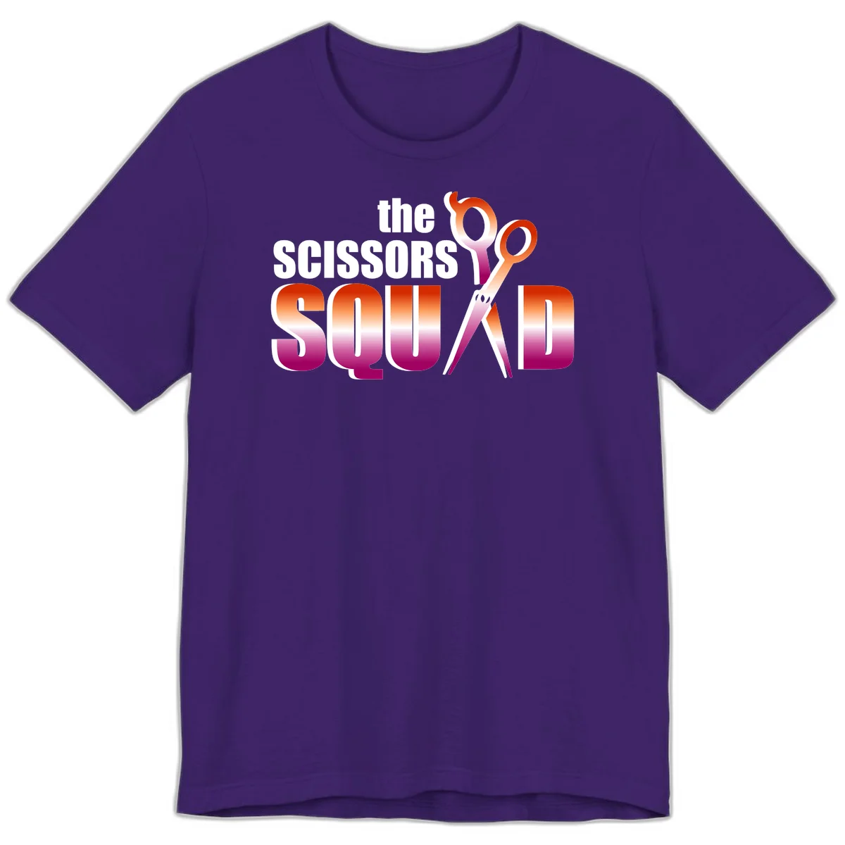 Scissors Squad design featuring gradient red to magenta scissors with bold white text, perfect for hairstylist and beauty professional apparel in Team Purple