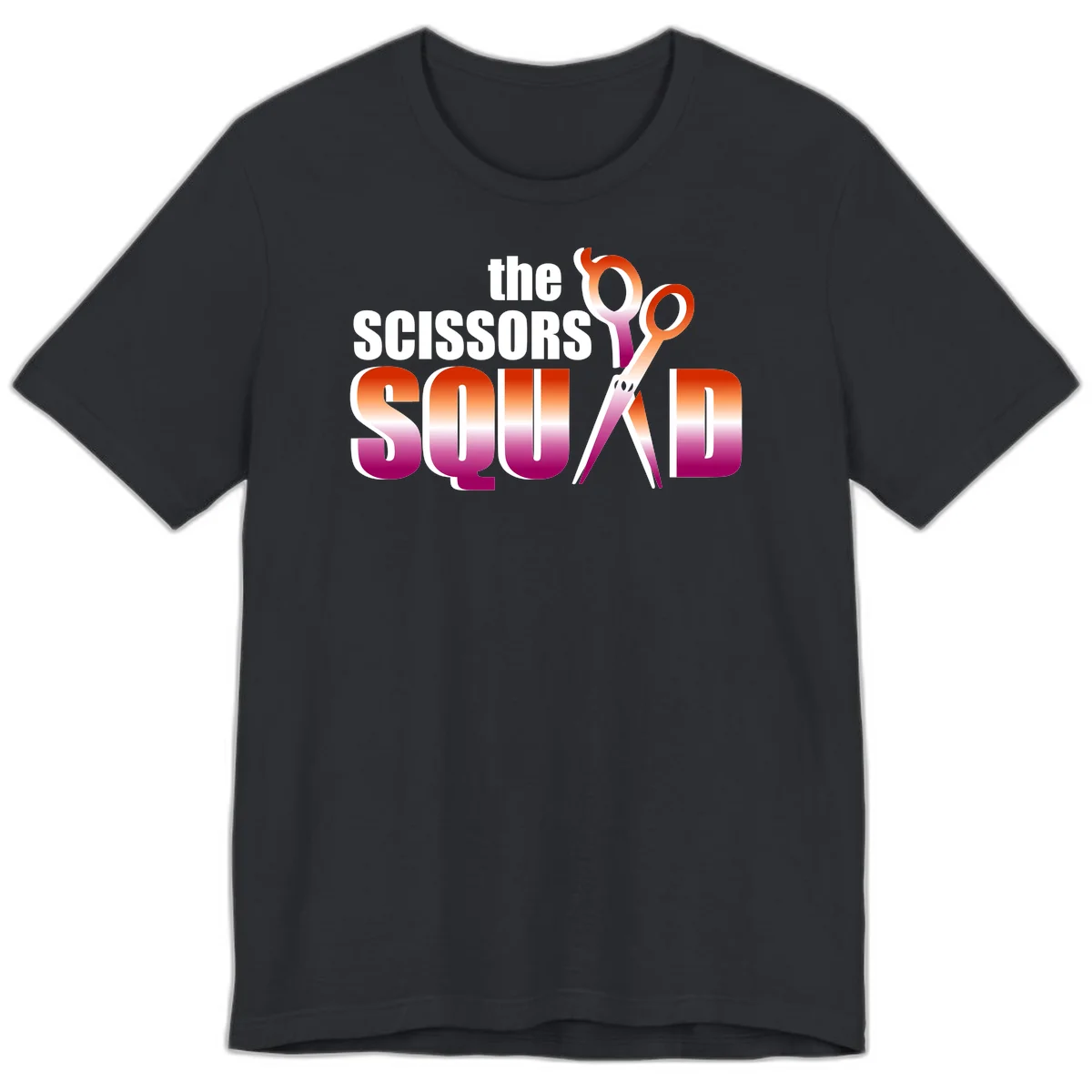 Scissors Squad design featuring gradient red to magenta scissors with bold white text, perfect for hairstylist and beauty professional apparel in Vintage Black