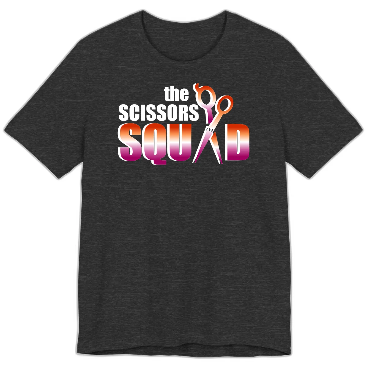 Scissors Squad design featuring gradient red to magenta scissors with bold white text, perfect for hairstylist and beauty professional apparel in Dark Grey Heather