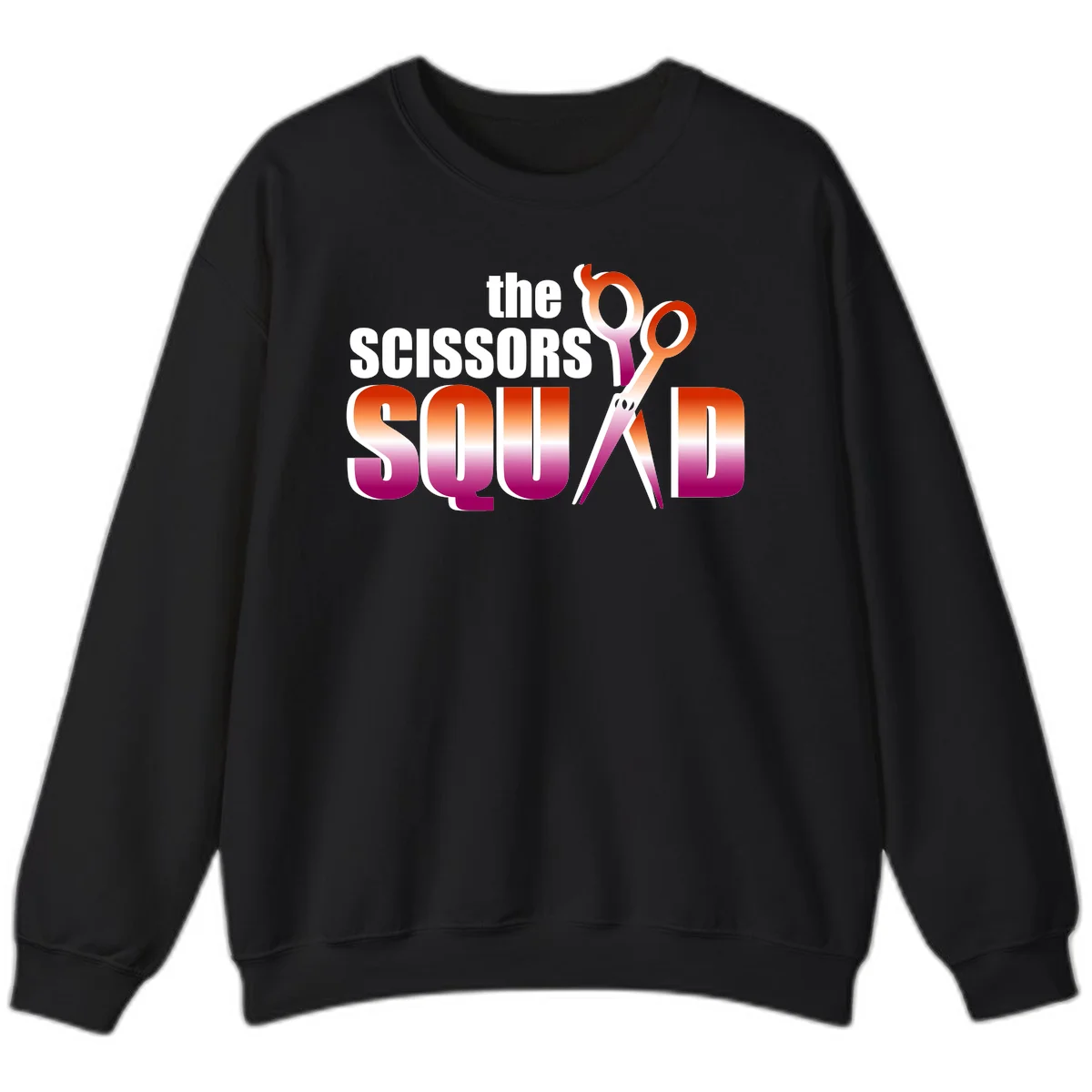 Scissors Squad design featuring gradient red to magenta scissors with bold white text, perfect for hairstylist and beauty professional apparel in Black