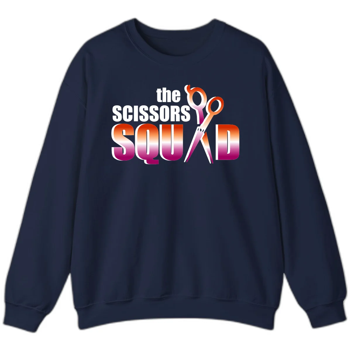 Scissors Squad design featuring gradient red to magenta scissors with bold white text, perfect for hairstylist and beauty professional apparel in Navy