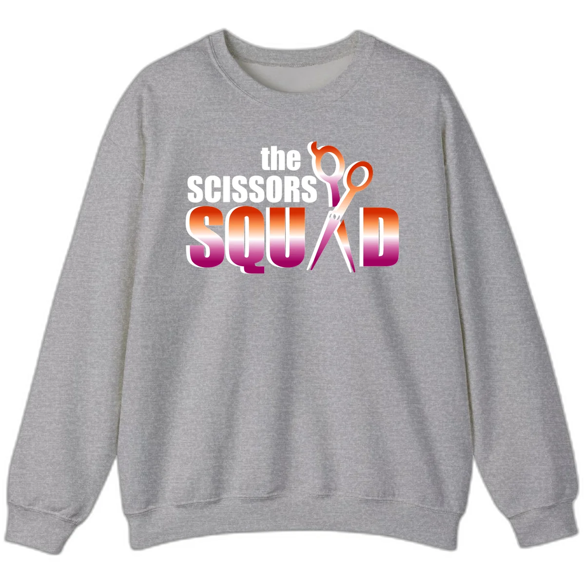 Scissors Squad design featuring gradient red to magenta scissors with bold white text, perfect for hairstylist and beauty professional apparel in Sport Grey