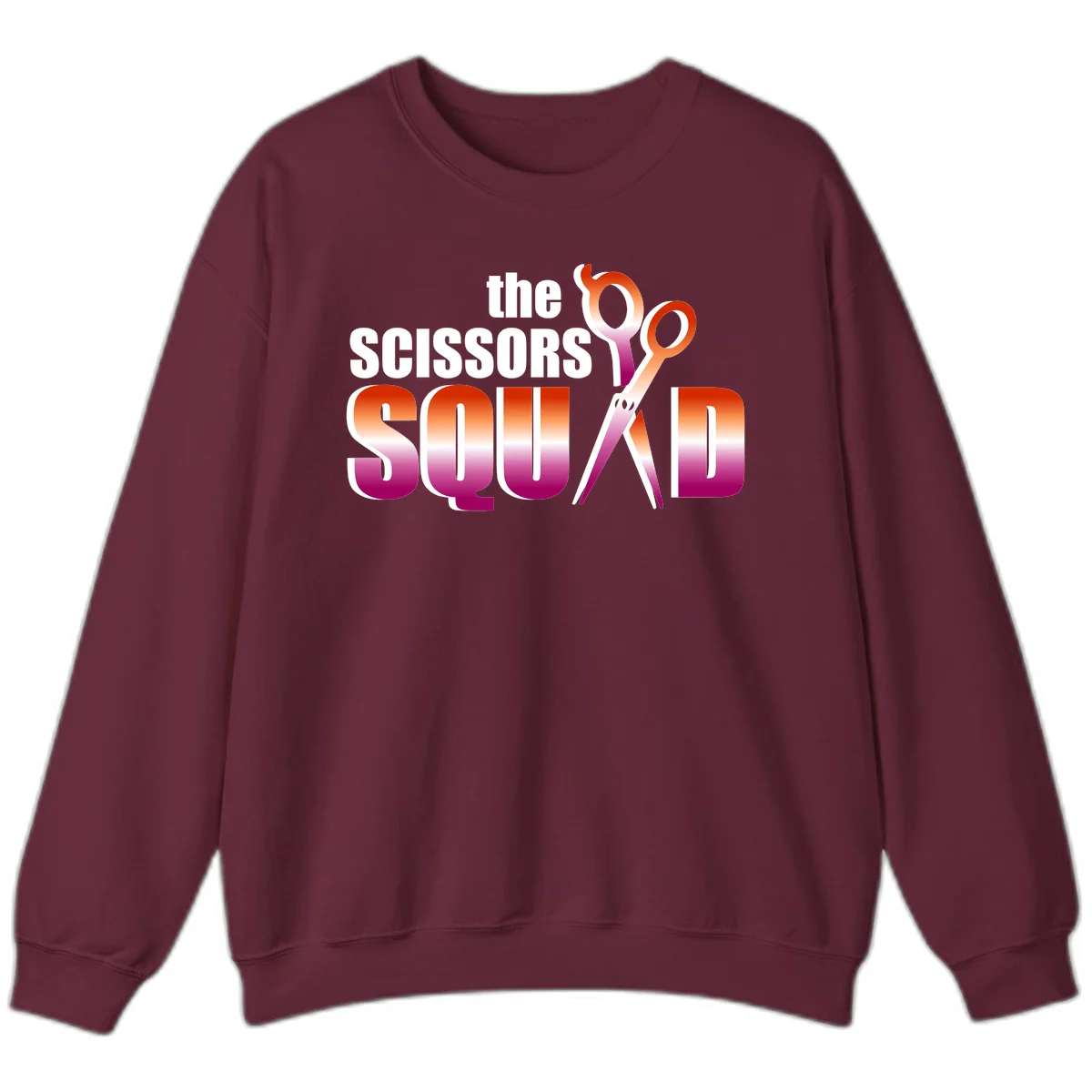 Scissors Squad design featuring gradient red to magenta scissors with bold white text, perfect for hairstylist and beauty professional apparel in Maroon