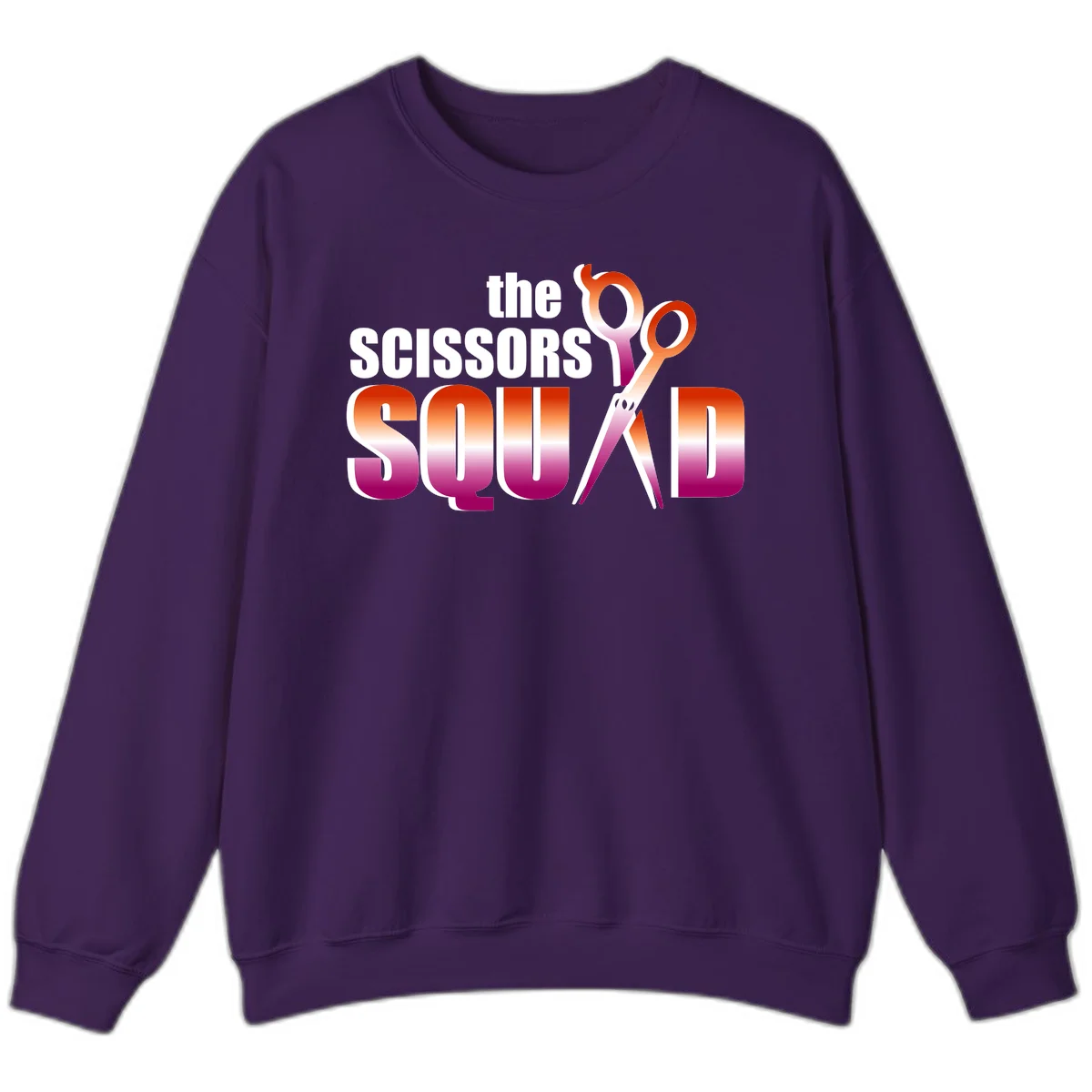 Scissors Squad design featuring gradient red to magenta scissors with bold white text, perfect for hairstylist and beauty professional apparel in Purple