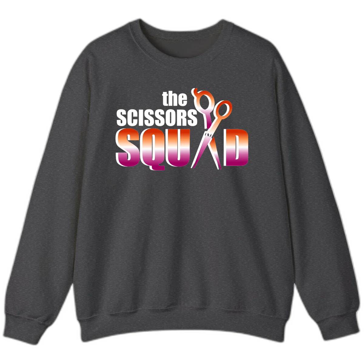 Scissors Squad design featuring gradient red to magenta scissors with bold white text, perfect for hairstylist and beauty professional apparel in Dark Heather