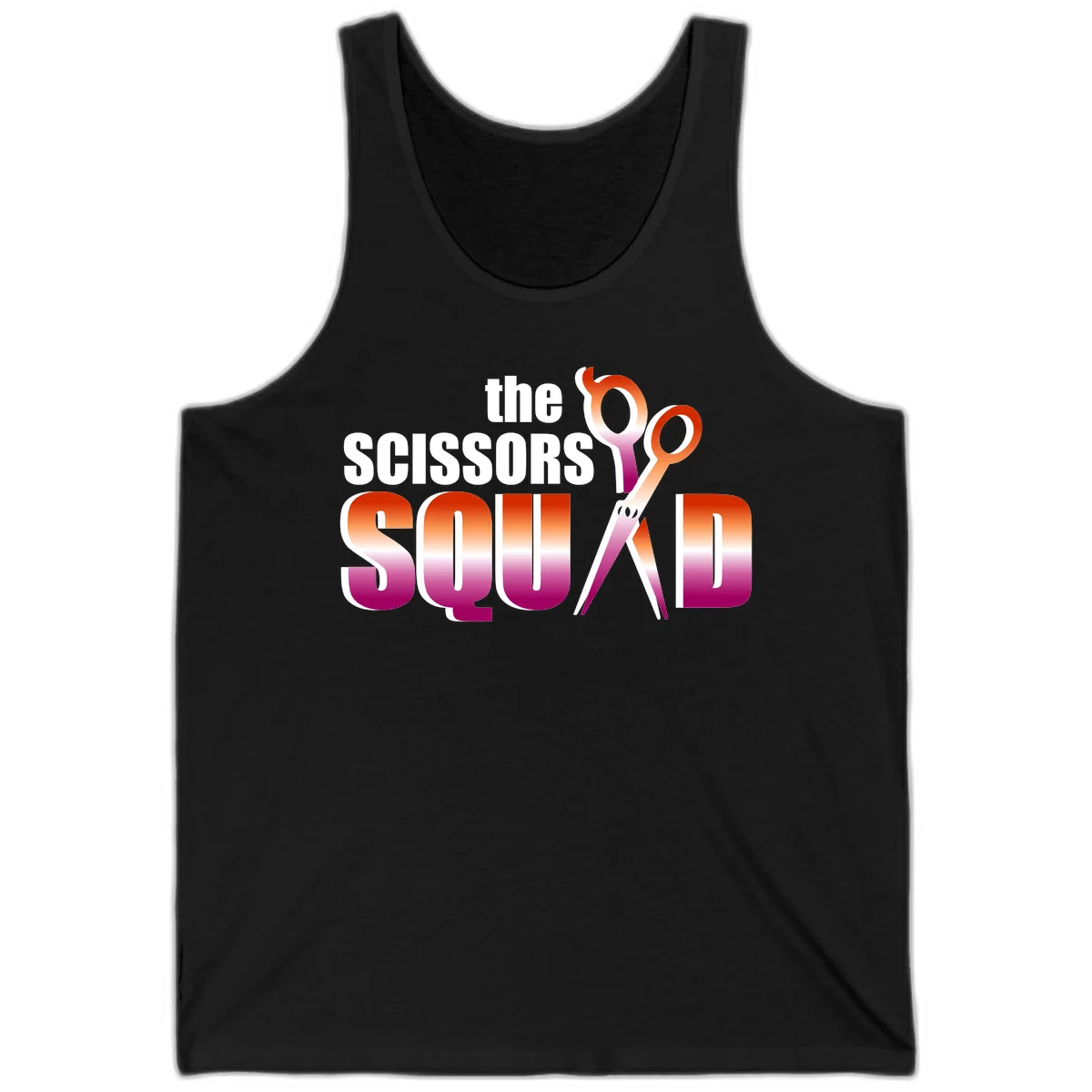 Scissors Squad design featuring gradient red to magenta scissors with bold white text, perfect for hairstylist and beauty professional apparel in Black
