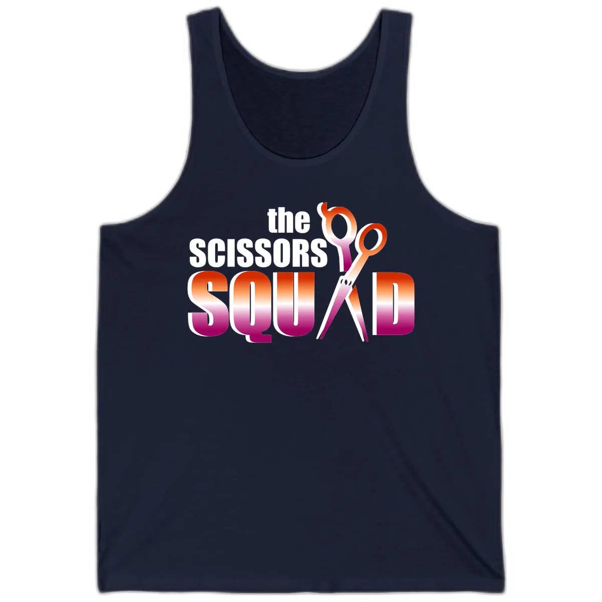Scissors Squad design featuring gradient red to magenta scissors with bold white text, perfect for hairstylist and beauty professional apparel in Navy