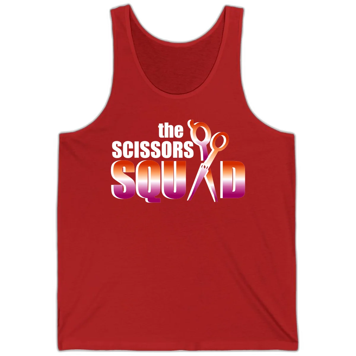Scissors Squad design featuring gradient red to magenta scissors with bold white text, perfect for hairstylist and beauty professional apparel in Red