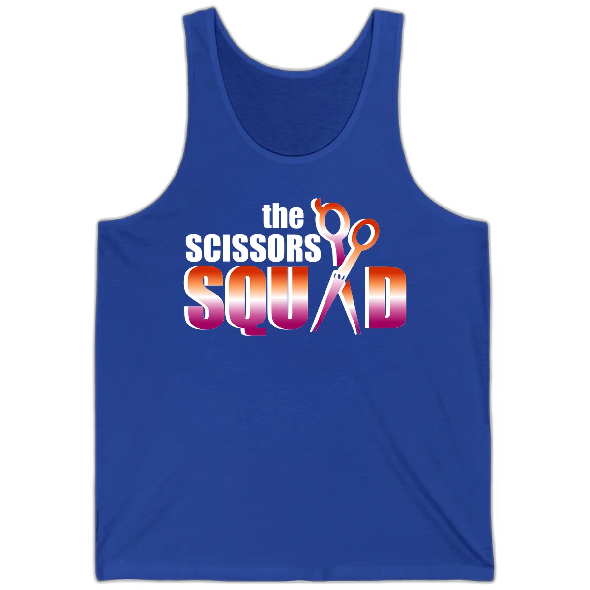 Scissors Squad design featuring gradient red to magenta scissors with bold white text, perfect for hairstylist and beauty professional apparel in True Royal