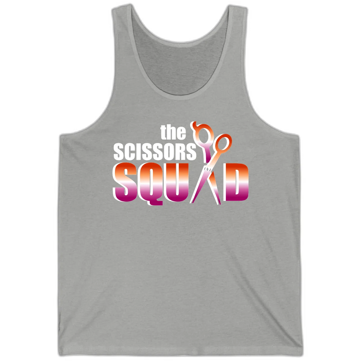 Scissors Squad design featuring gradient red to magenta scissors with bold white text, perfect for hairstylist and beauty professional apparel in Athletic Heather