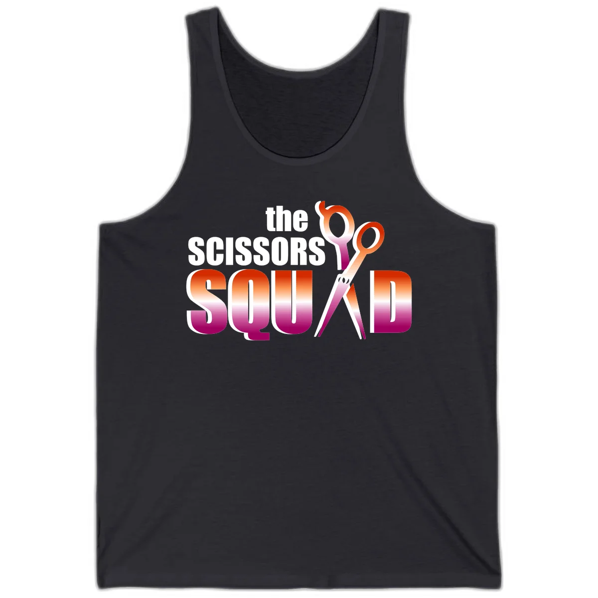 Scissors Squad design featuring gradient red to magenta scissors with bold white text, perfect for hairstylist and beauty professional apparel in Dark Grey