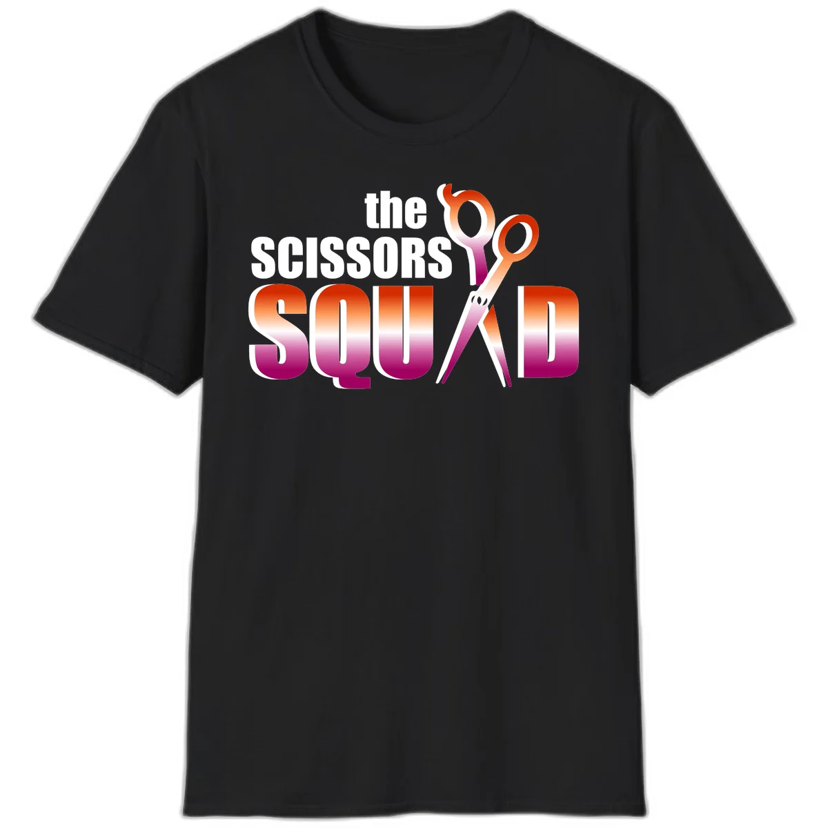 Scissors Squad design featuring gradient red to magenta scissors with bold white text, perfect for hairstylist and beauty professional apparel in Black