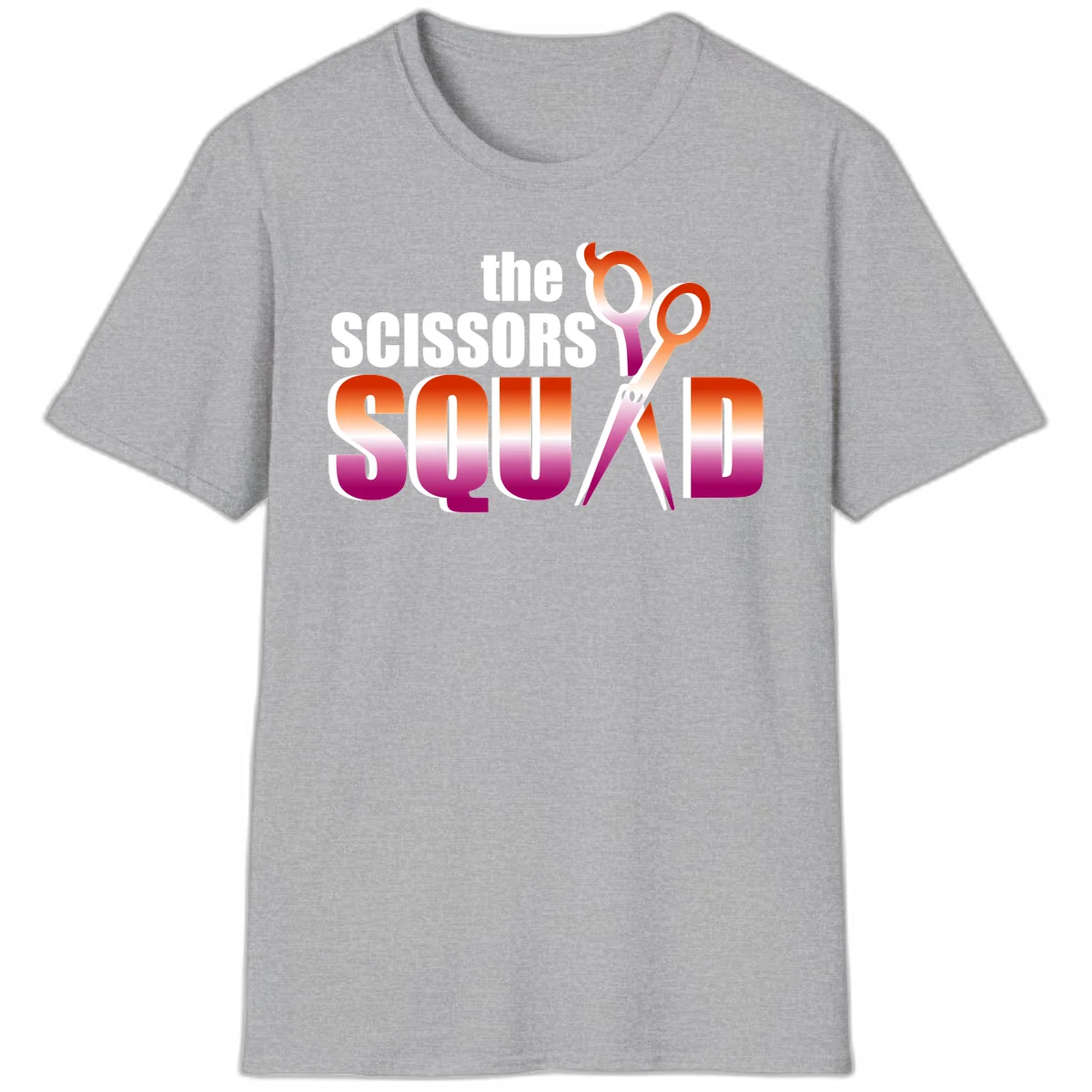 Scissors Squad design featuring gradient red to magenta scissors with bold white text, perfect for hairstylist and beauty professional apparel in Sport Grey