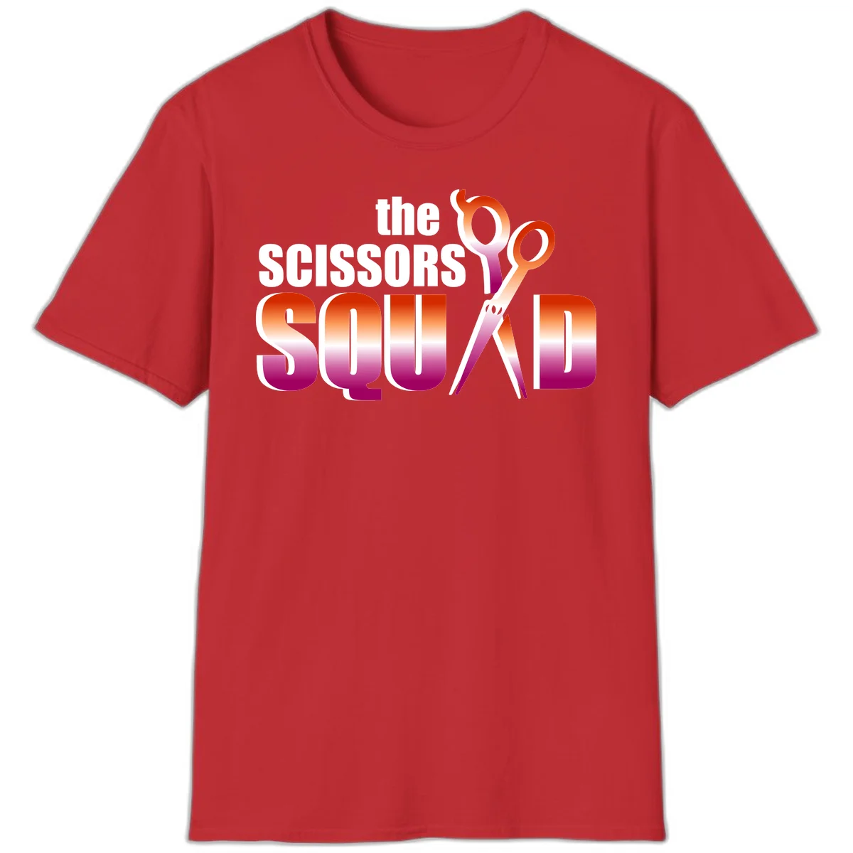 Scissors Squad design featuring gradient red to magenta scissors with bold white text, perfect for hairstylist and beauty professional apparel in Red