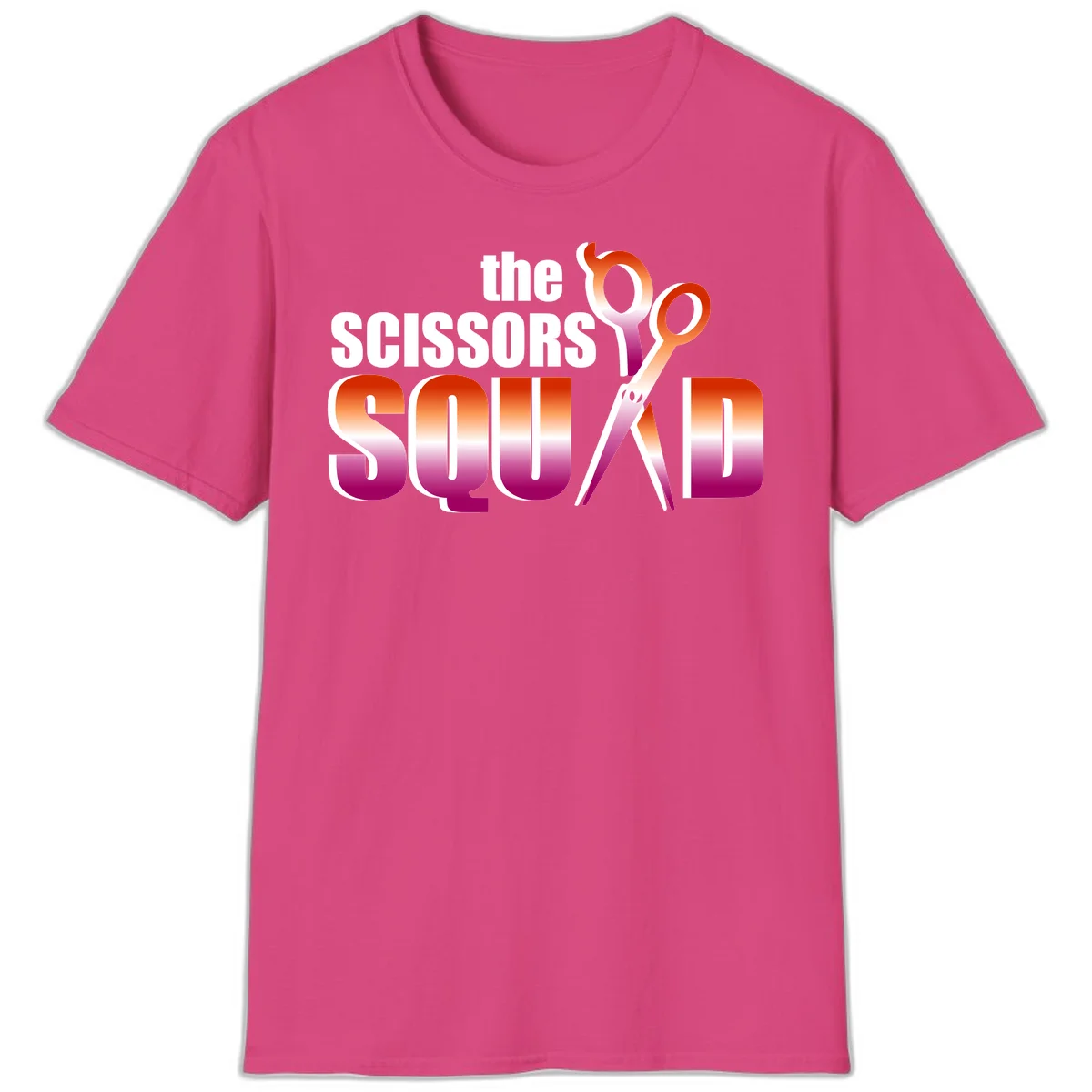 Scissors Squad design featuring gradient red to magenta scissors with bold white text, perfect for hairstylist and beauty professional apparel in Heliconia