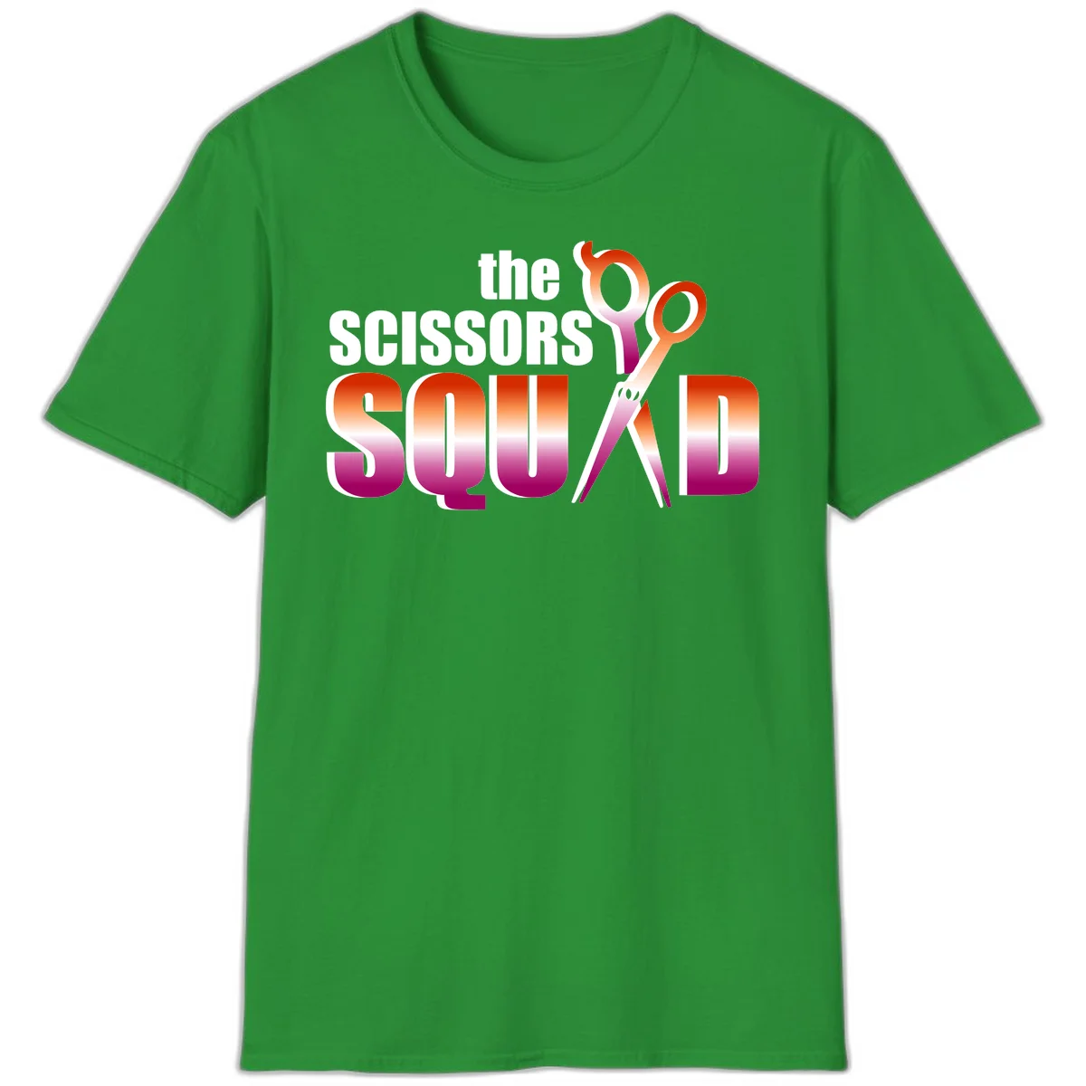Scissors Squad design featuring gradient red to magenta scissors with bold white text, perfect for hairstylist and beauty professional apparel in Irish Green