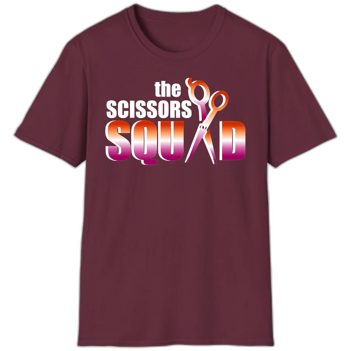 Scissors Squad design featuring gradient red to magenta scissors with bold white text, perfect for hairstylist and beauty professional apparel in Maroon