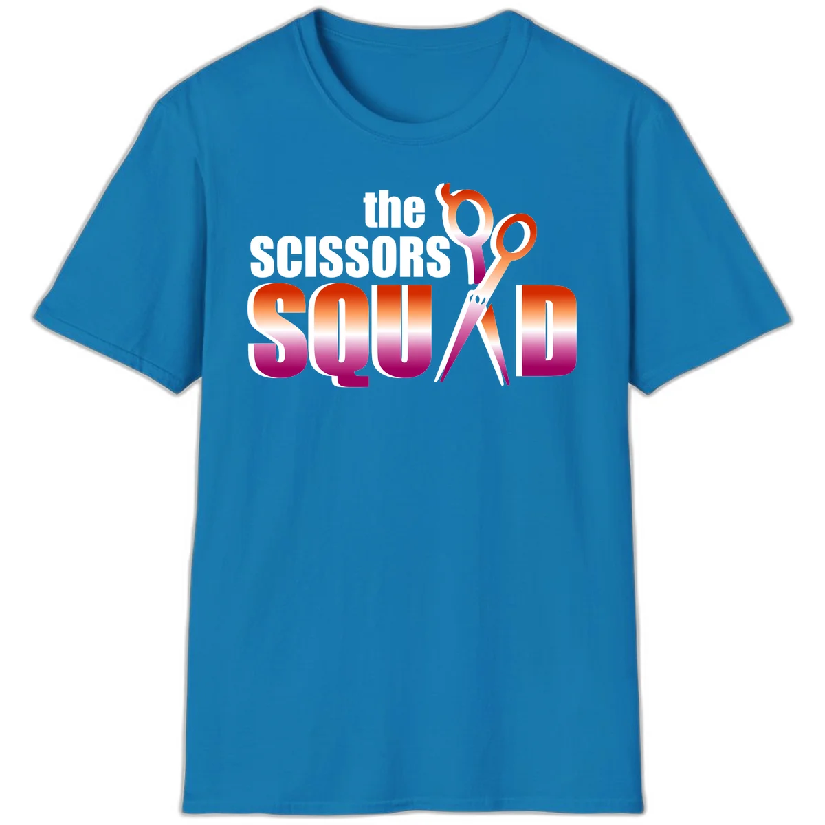 Scissors Squad design featuring gradient red to magenta scissors with bold white text, perfect for hairstylist and beauty professional apparel in Sapphire