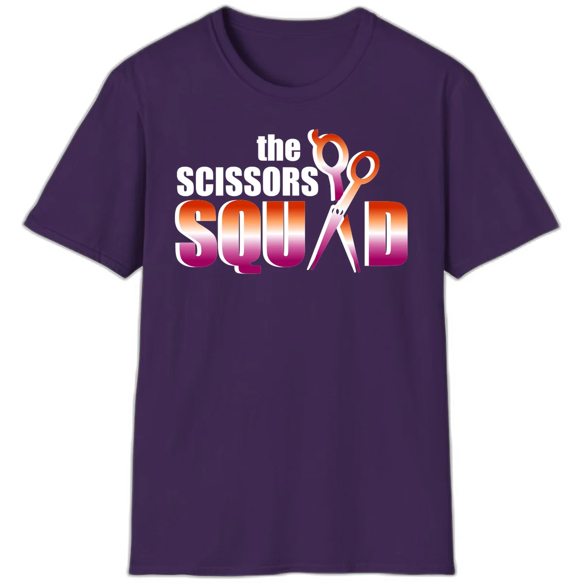 Scissors Squad design featuring gradient red to magenta scissors with bold white text, perfect for hairstylist and beauty professional apparel in Purple