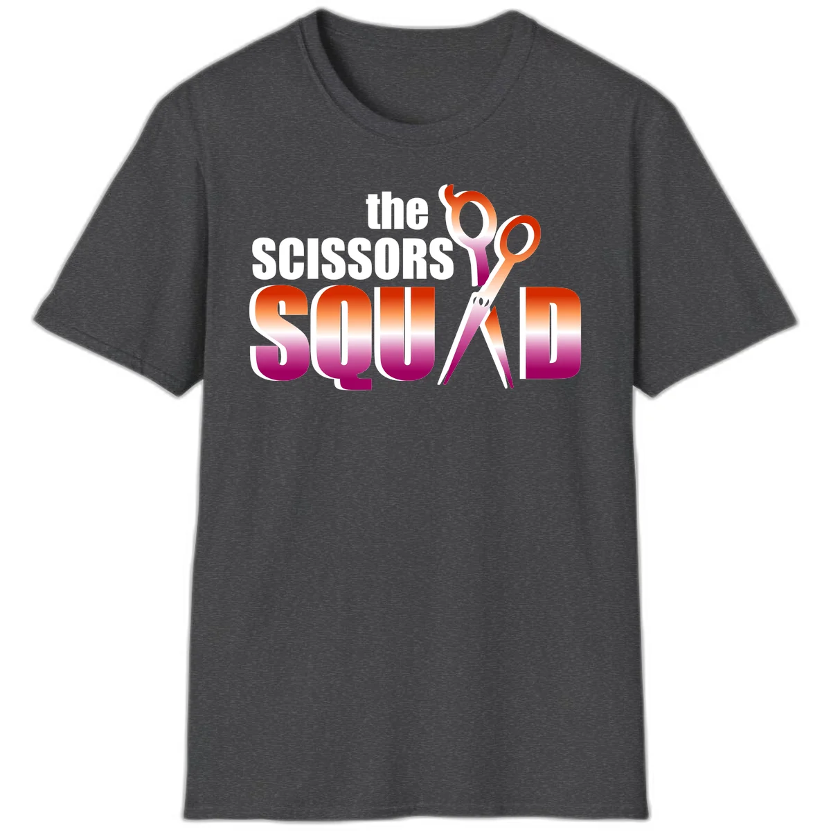 Scissors Squad design featuring gradient red to magenta scissors with bold white text, perfect for hairstylist and beauty professional apparel in Dark Heather