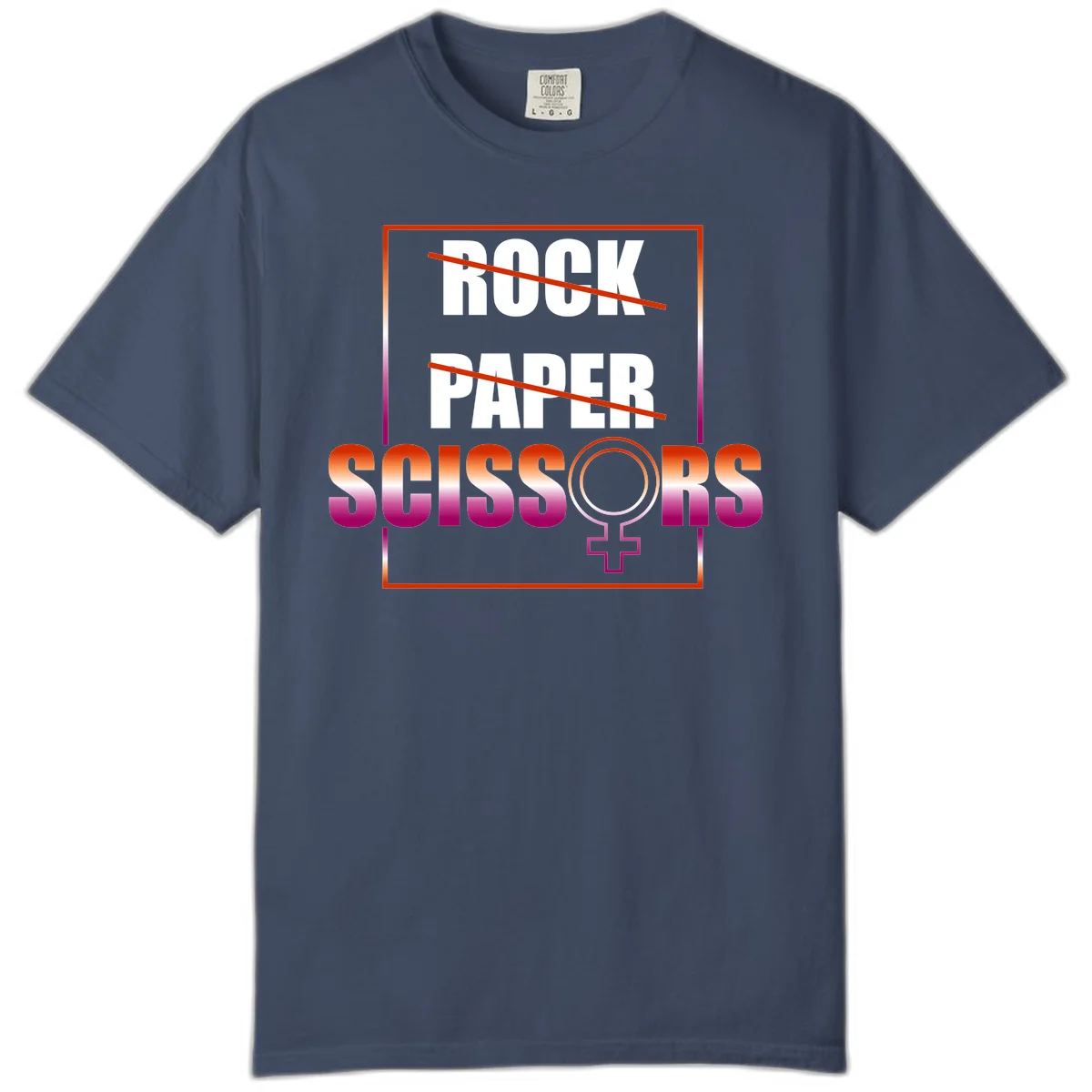 Rock paper scissors pride design with strikethrough lines, female symbol, and gradient text in orange to magenta colors in Midnight