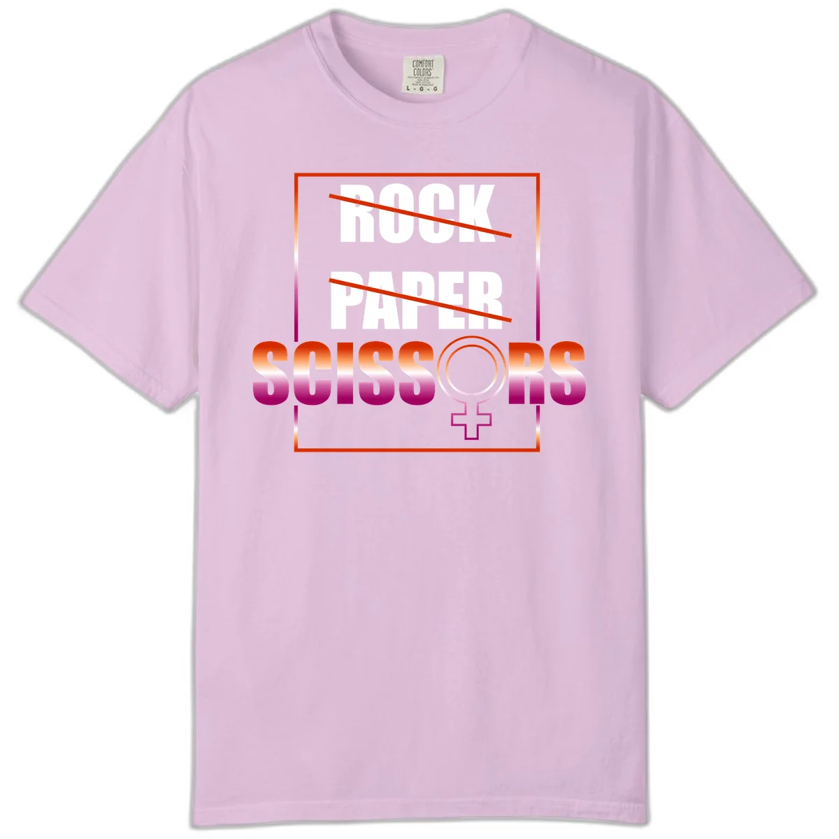 Rock paper scissors pride design with strikethrough lines, female symbol, and gradient text in orange to magenta colors in Orchid