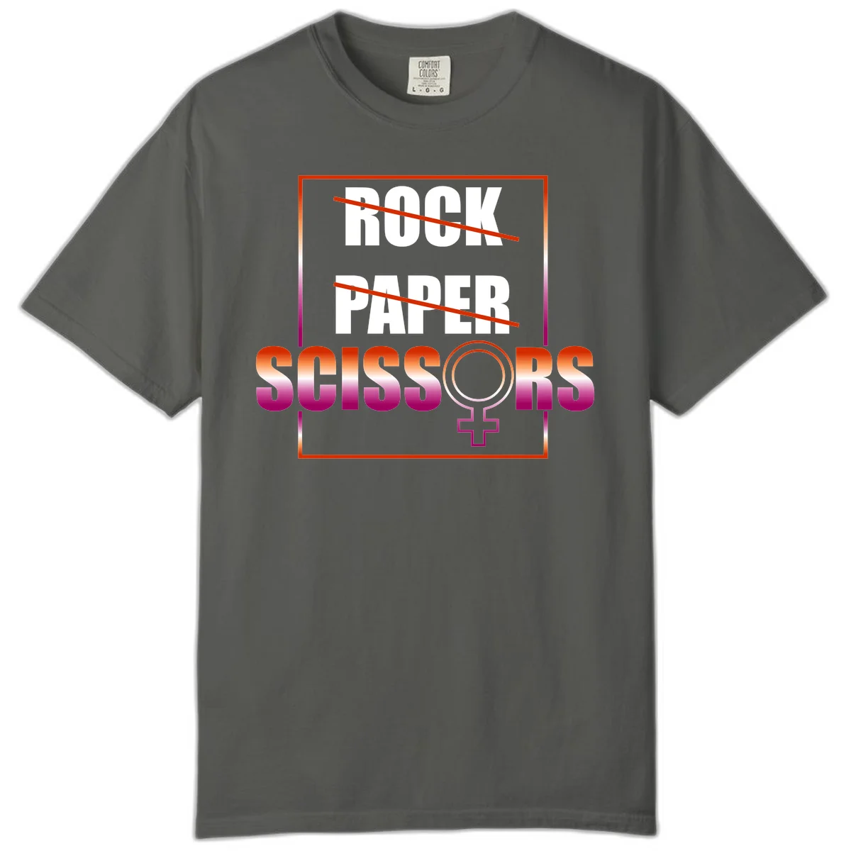 Rock paper scissors pride design with strikethrough lines, female symbol, and gradient text in orange to magenta colors in Pepper