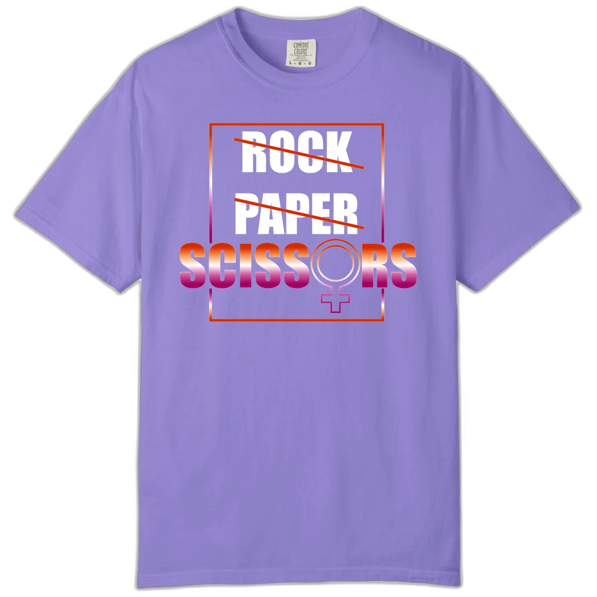 Rock paper scissors pride design with strikethrough lines, female symbol, and gradient text in orange to magenta colors in Violet