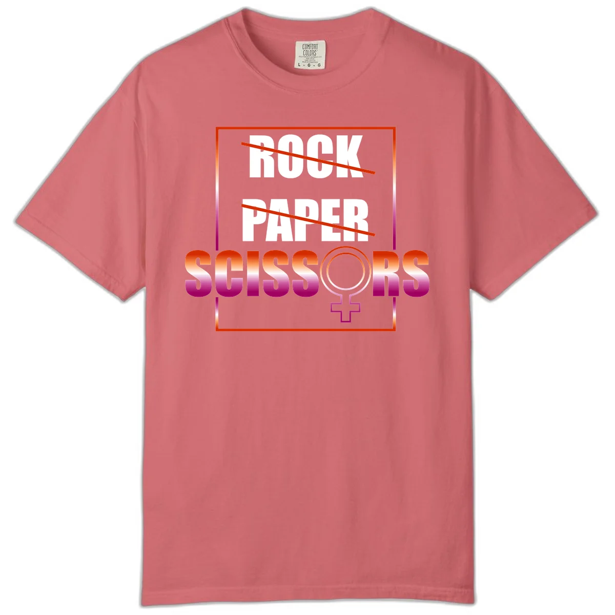 Rock paper scissors pride design with strikethrough lines, female symbol, and gradient text in orange to magenta colors in Watermelon