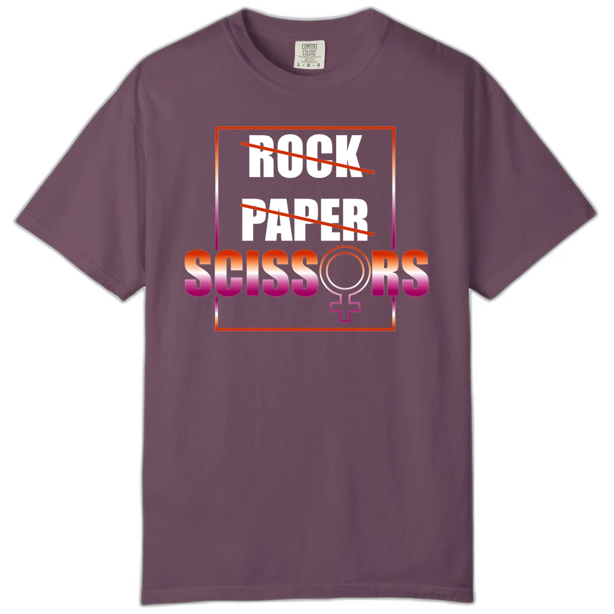 Rock paper scissors pride design with strikethrough lines, female symbol, and gradient text in orange to magenta colors in Berry