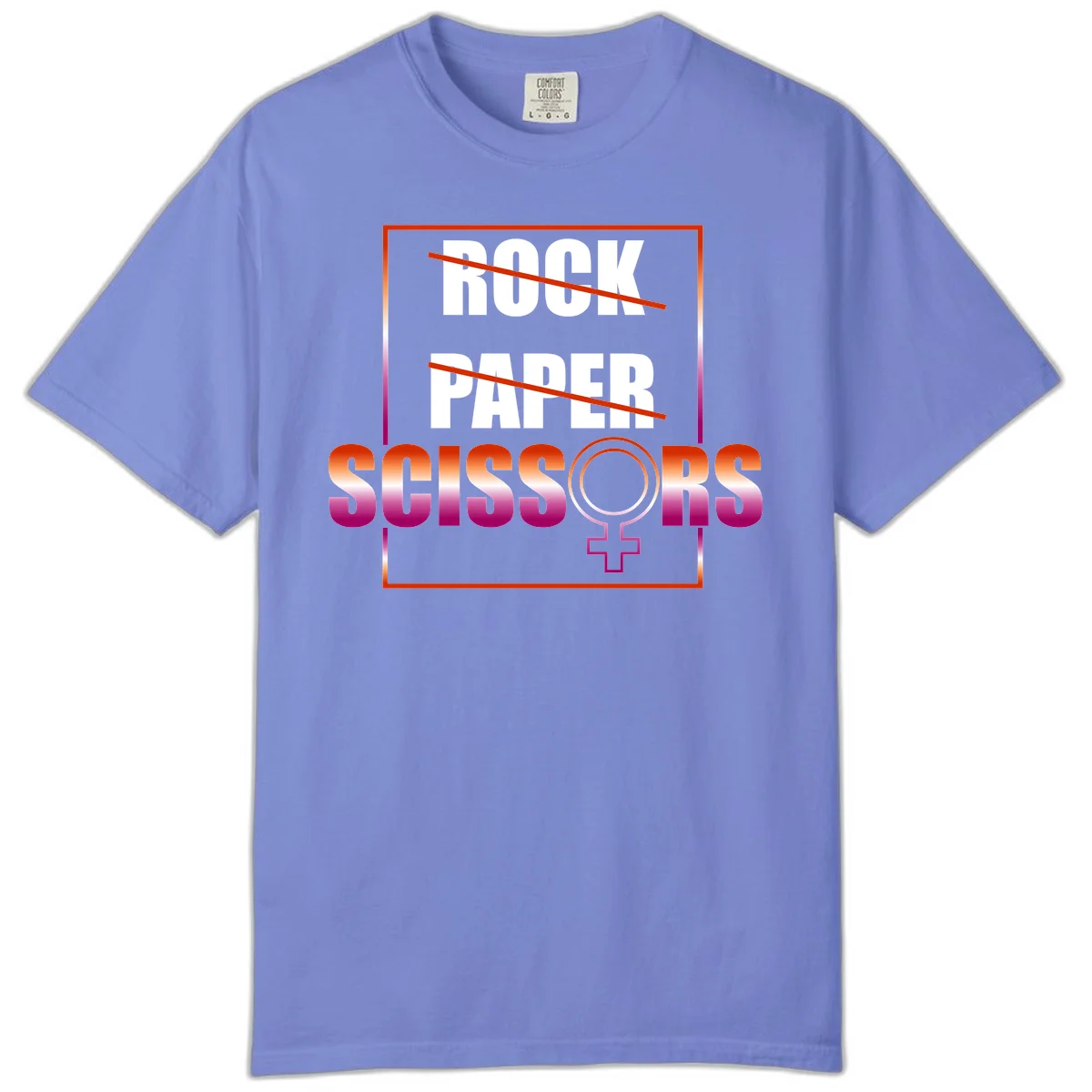 Rock paper scissors pride design with strikethrough lines, female symbol, and gradient text in orange to magenta colors in Flo Blue
