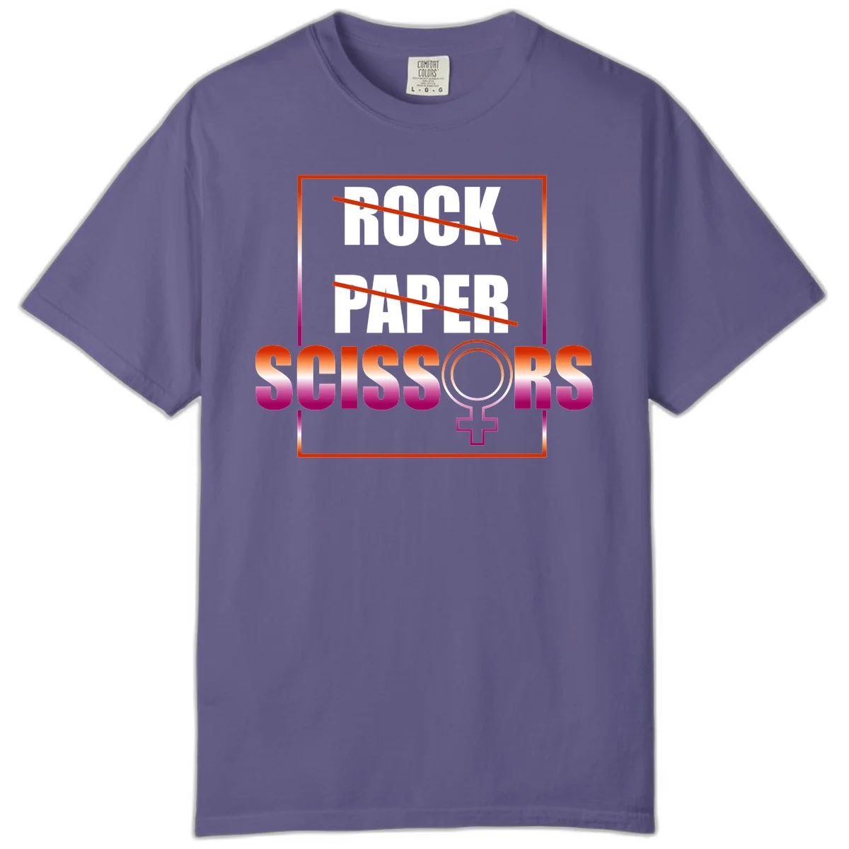 Rock paper scissors pride design with strikethrough lines, female symbol, and gradient text in orange to magenta colors in Grape