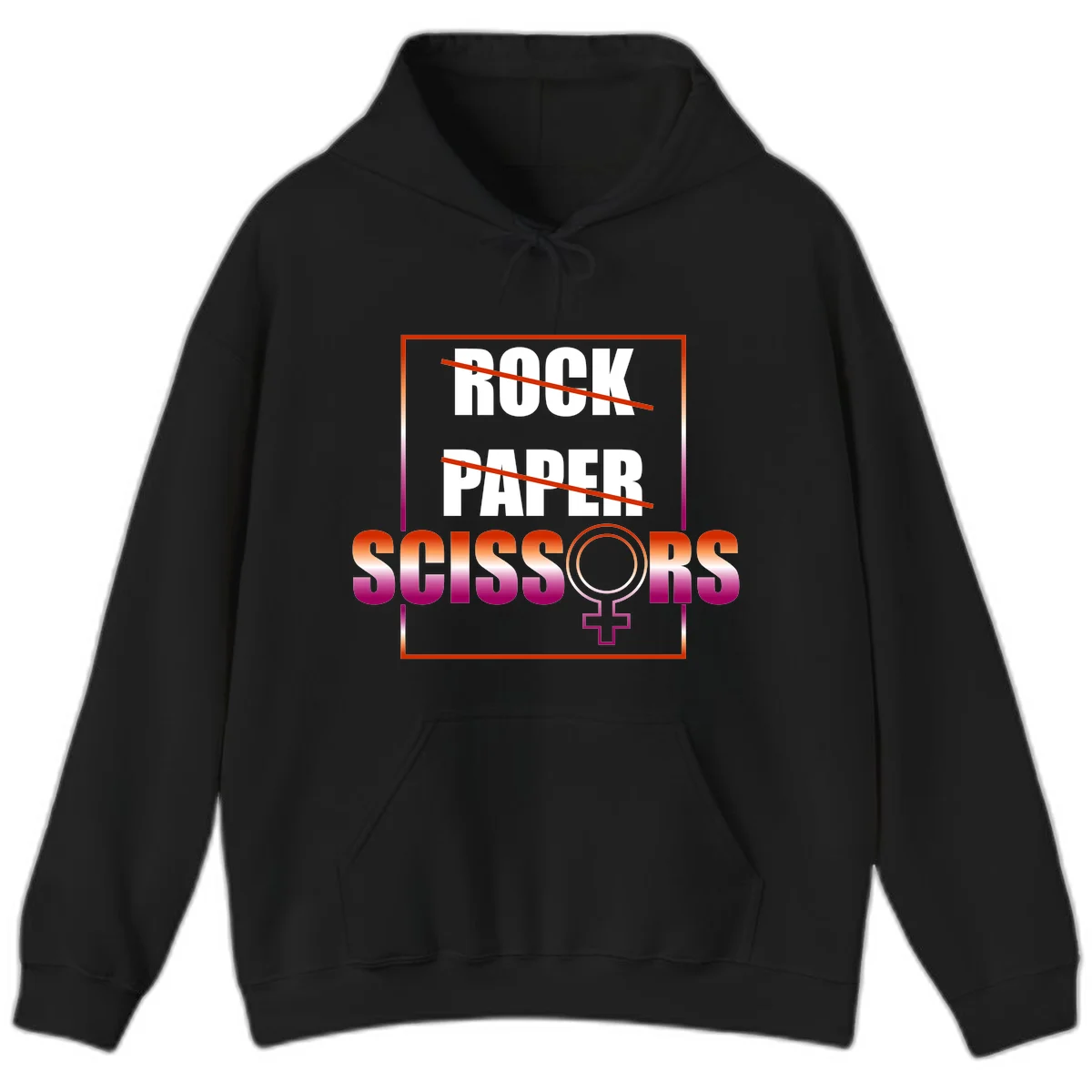 Rock paper scissors pride design with strikethrough lines, female symbol, and gradient text in orange to magenta colors in Black