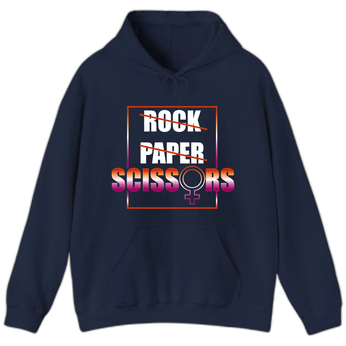 Rock paper scissors pride design with strikethrough lines, female symbol, and gradient text in orange to magenta colors in Navy