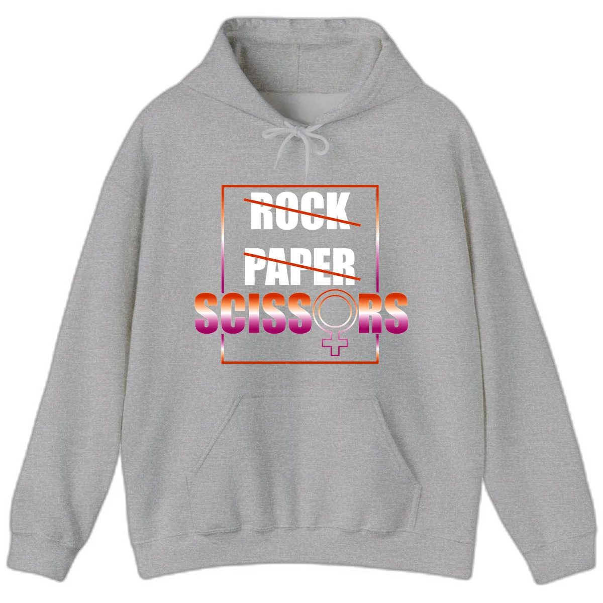 Rock paper scissors pride design with strikethrough lines, female symbol, and gradient text in orange to magenta colors in Sport Grey