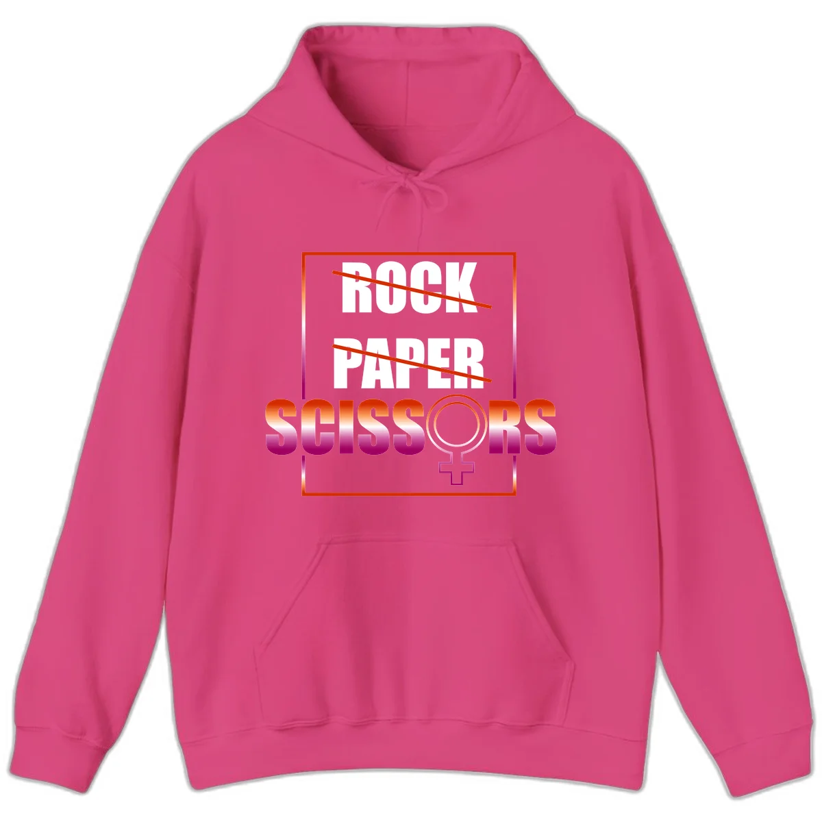 Rock paper scissors pride design with strikethrough lines, female symbol, and gradient text in orange to magenta colors in Heliconia