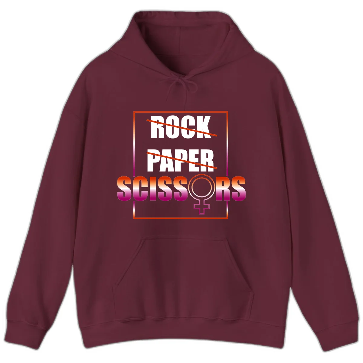 Rock paper scissors pride design with strikethrough lines, female symbol, and gradient text in orange to magenta colors in Maroon