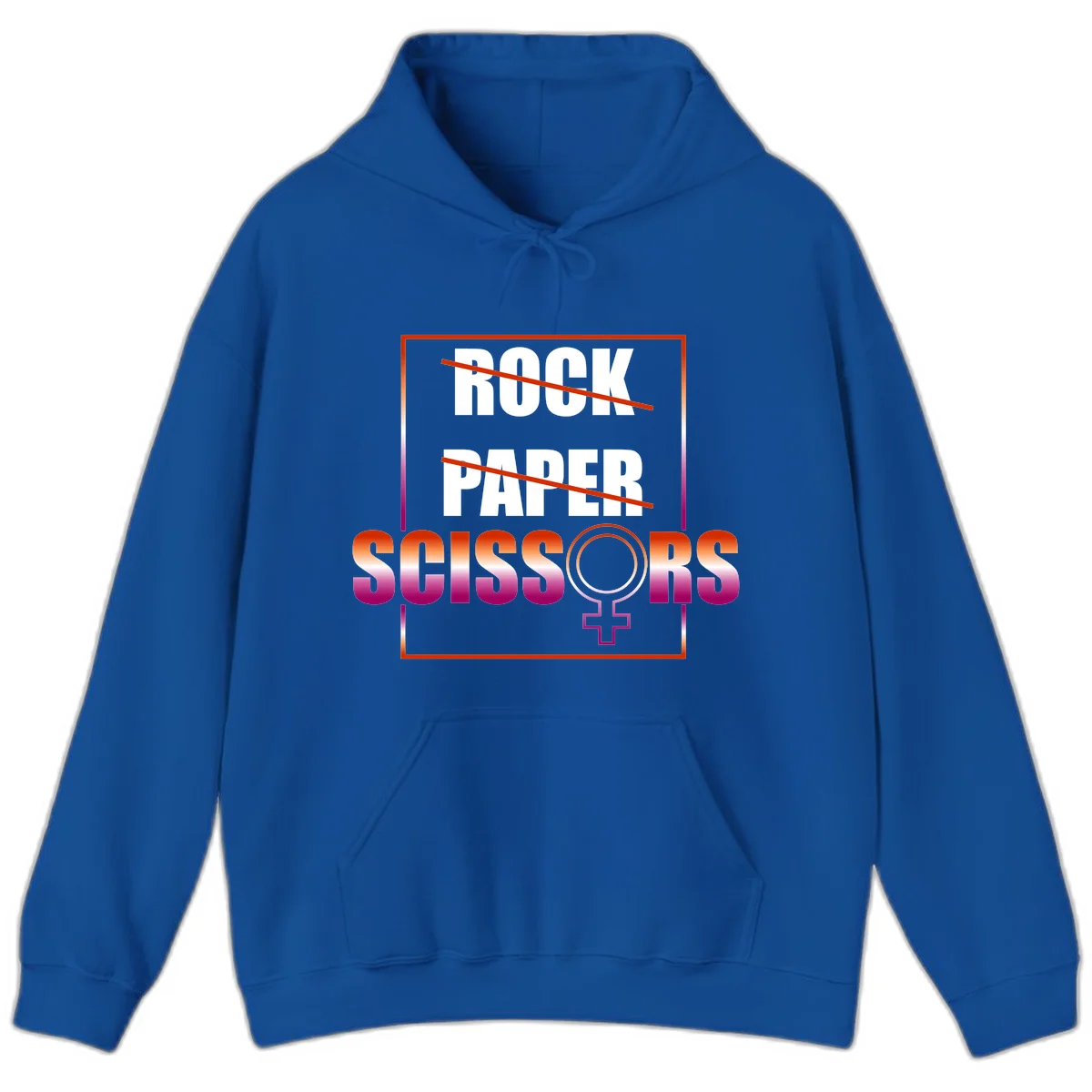 Rock paper scissors pride design with strikethrough lines, female symbol, and gradient text in orange to magenta colors in Royal