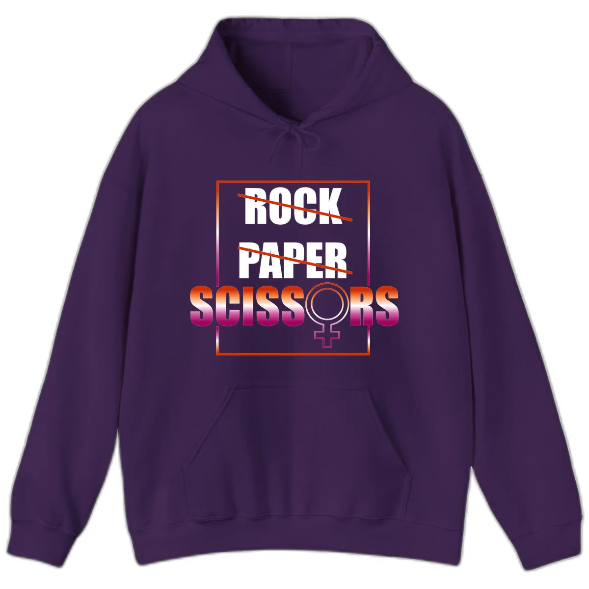 Rock paper scissors pride design with strikethrough lines, female symbol, and gradient text in orange to magenta colors in Purple