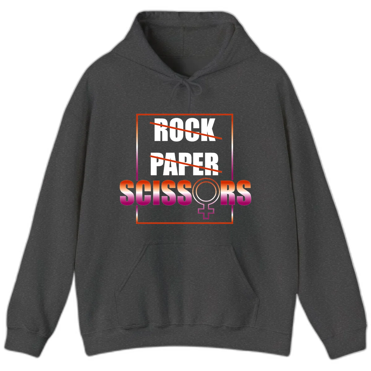 Rock paper scissors pride design with strikethrough lines, female symbol, and gradient text in orange to magenta colors in Dark Heather