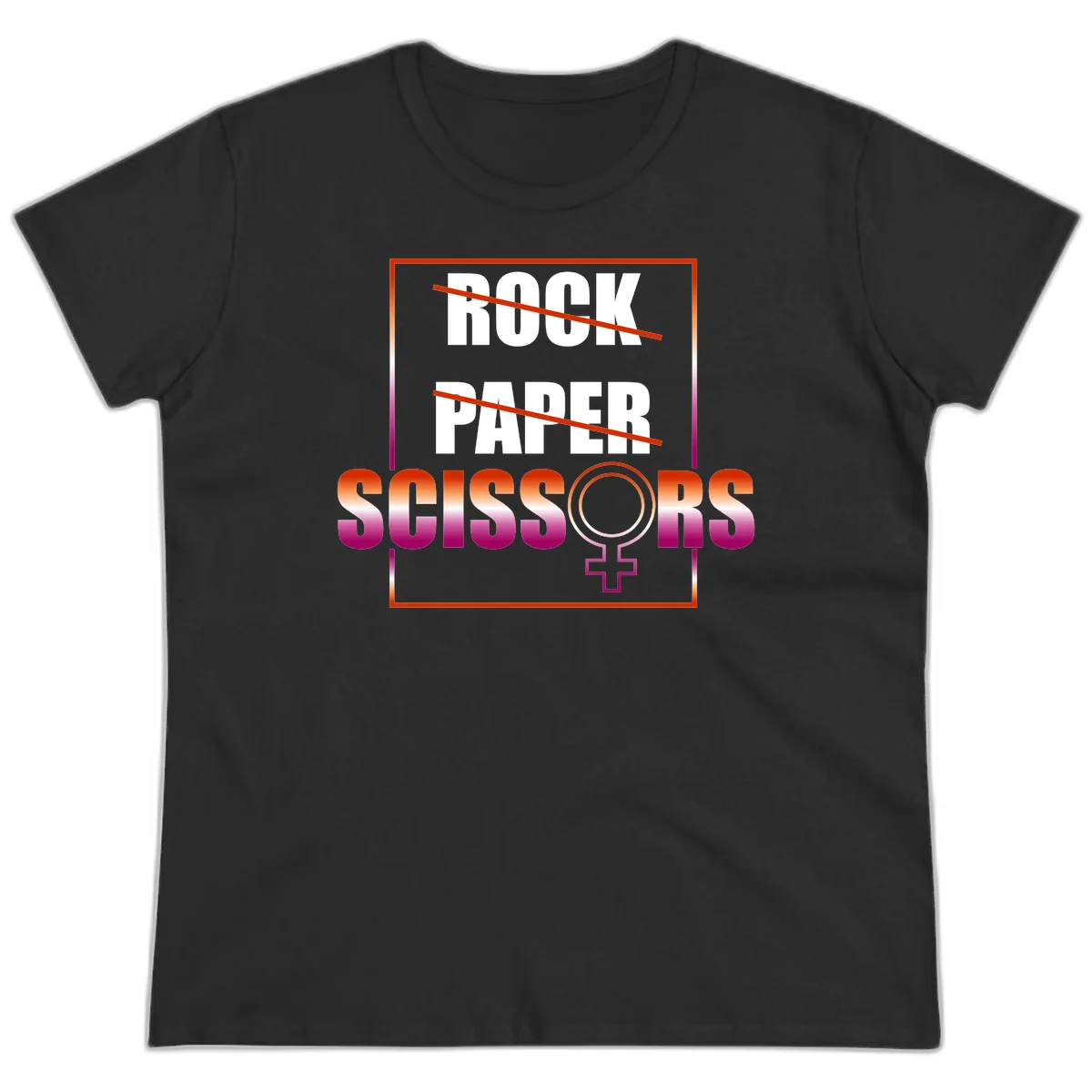Rock paper scissors pride design with strikethrough lines, female symbol, and gradient text in orange to magenta colors in Black