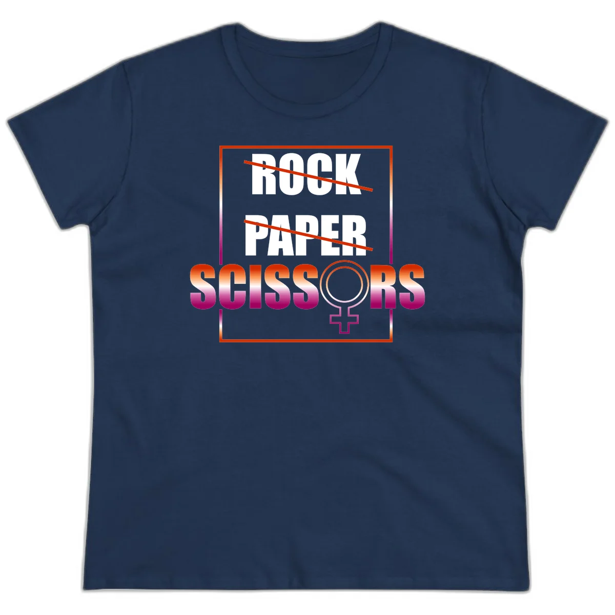Rock paper scissors pride design with strikethrough lines, female symbol, and gradient text in orange to magenta colors in Navy