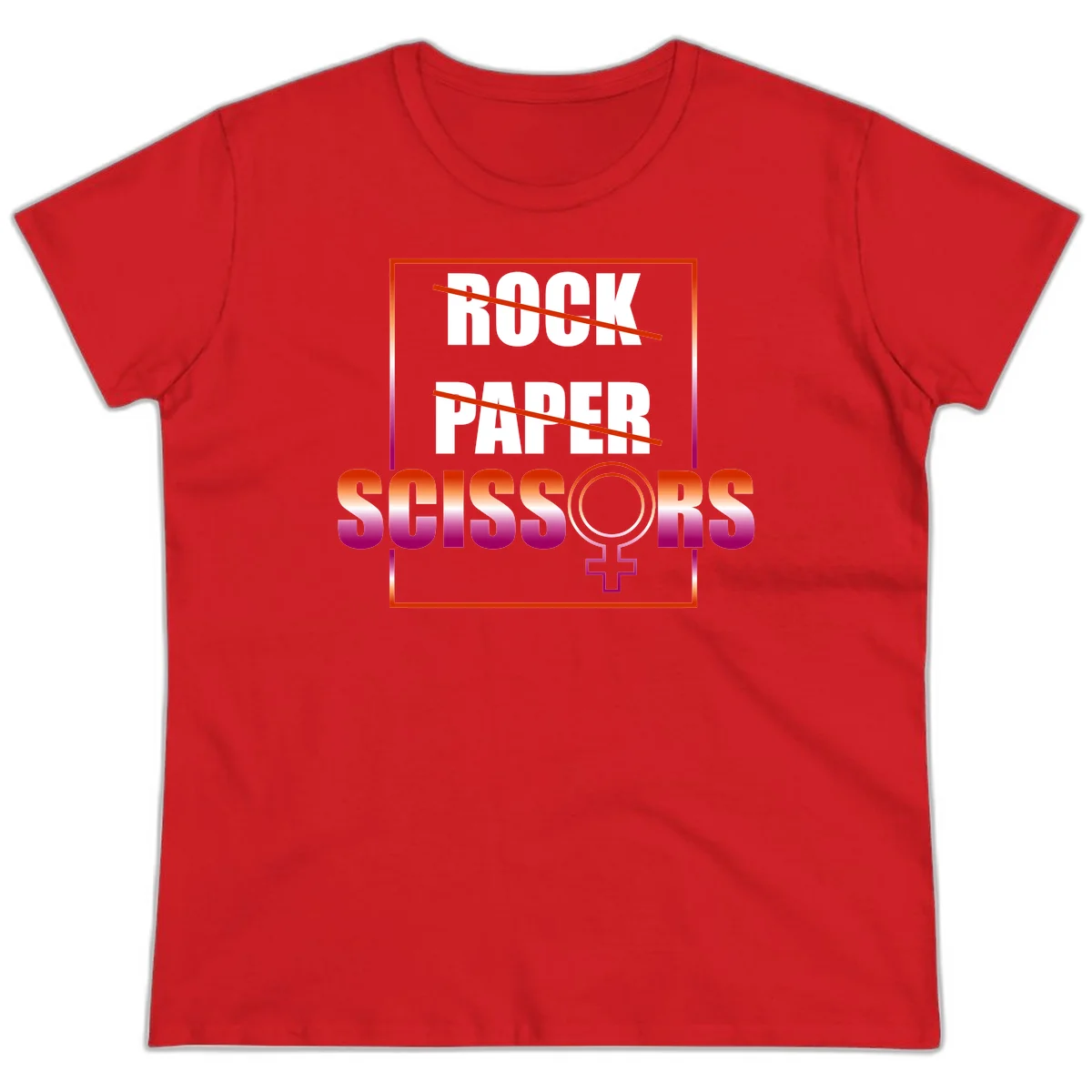 Rock paper scissors pride design with strikethrough lines, female symbol, and gradient text in orange to magenta colors in Red