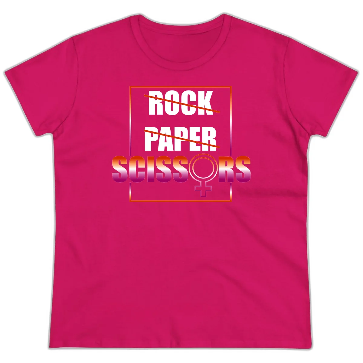 Rock paper scissors pride design with strikethrough lines, female symbol, and gradient text in orange to magenta colors in Heliconia