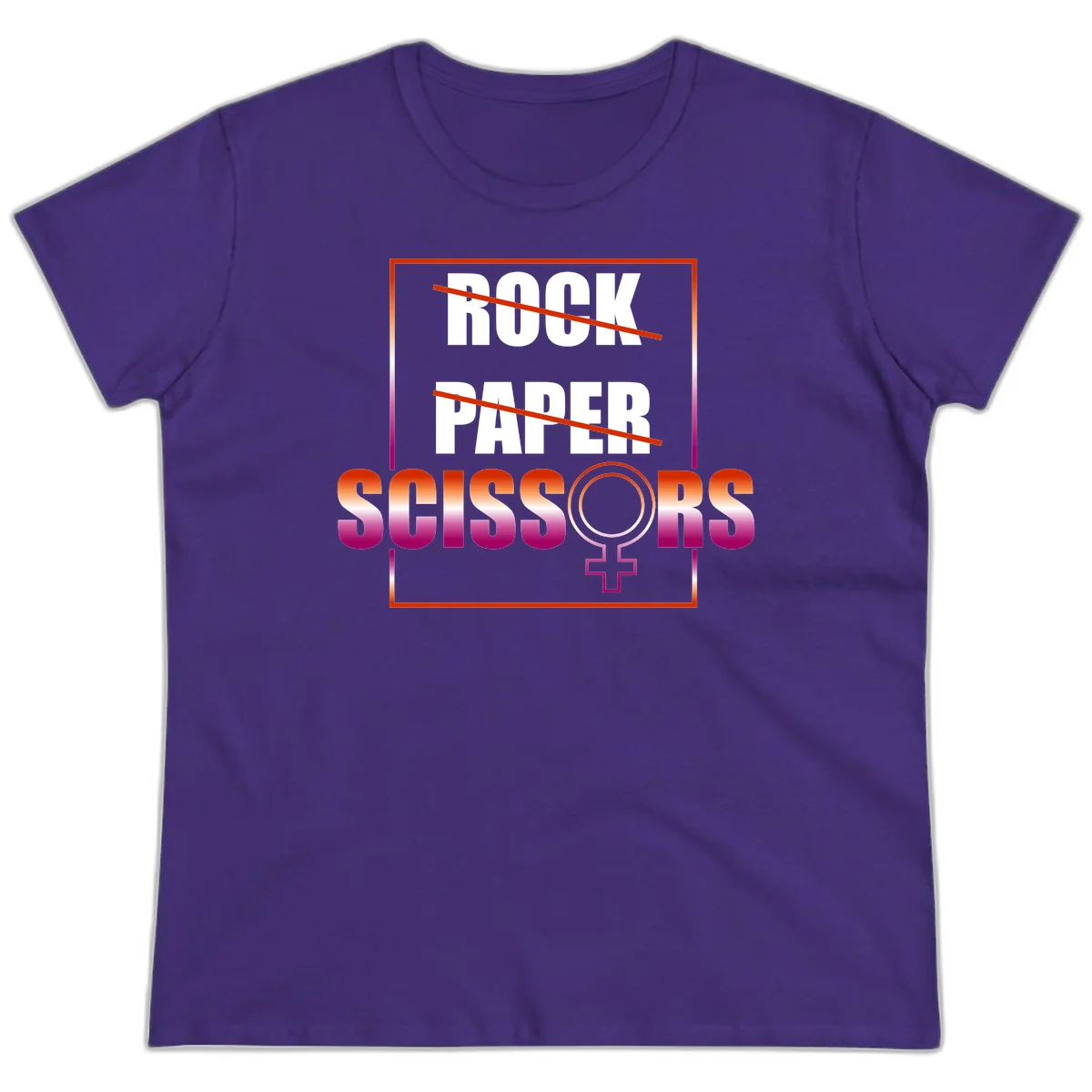 Rock paper scissors pride design with strikethrough lines, female symbol, and gradient text in orange to magenta colors in Purple