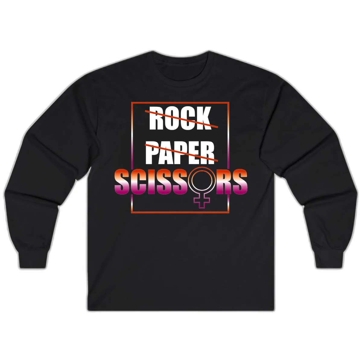 Rock paper scissors pride design with strikethrough lines, female symbol, and gradient text in orange to magenta colors in Black